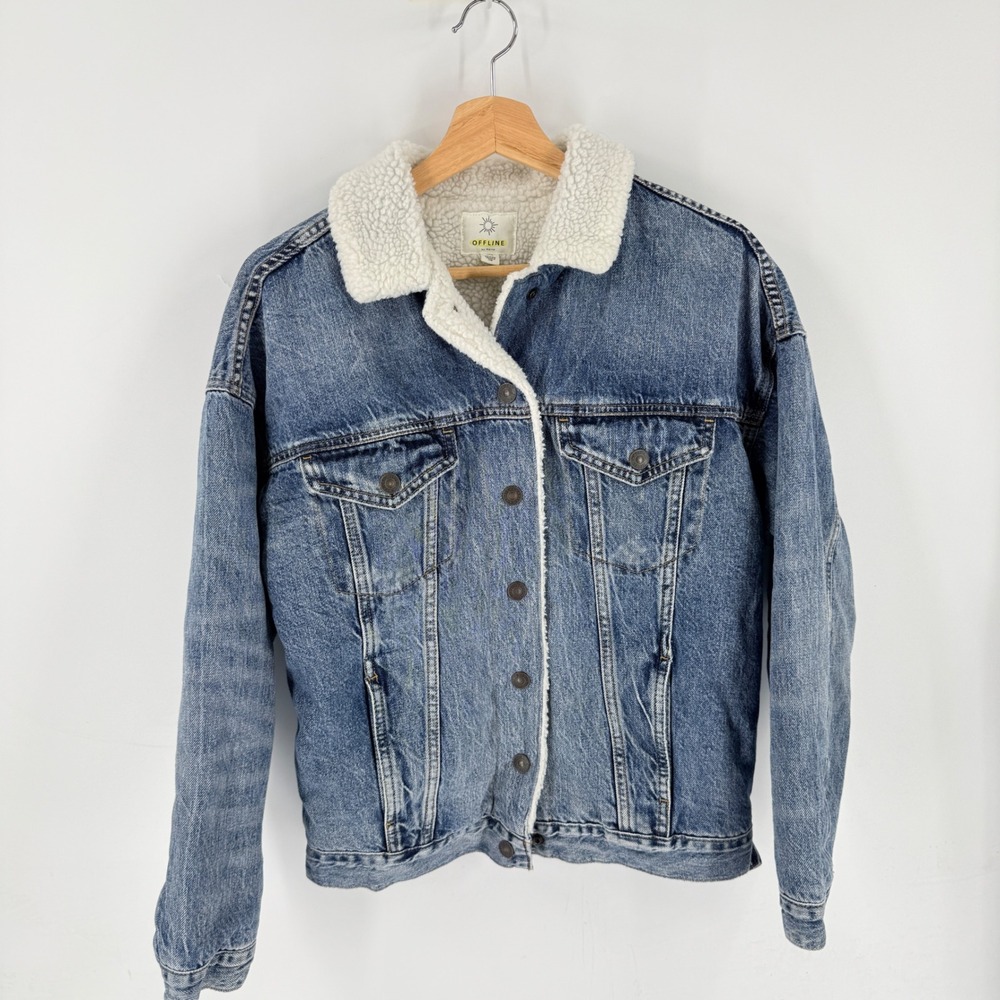 OFFLINE by Aerie Denim Sherpa Lined Jacket Blue Small Trucker Fleece Boho Cozy